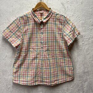 L.L. Bean Vacationland Seersucker Shirt Womens XL Geranium Pink Popover Plaid